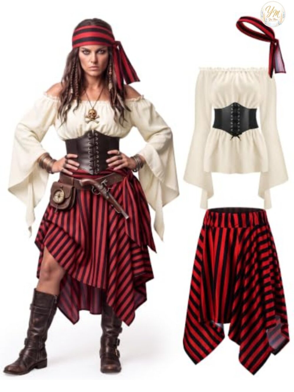Women Pirate Costume Set Renaissance Blouse Corset Skirt Headscarf
